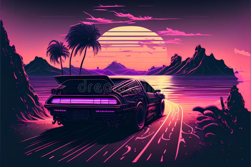Retrowagen bei Sonnenuntergang auf der Straße. Vektorgrafik für Ihr Design lizenzfreie abbildung