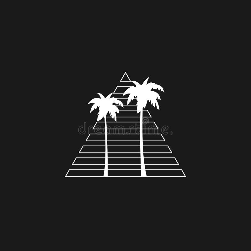 Retrowave aesthetics, the composition of a linear triangle with beach palm tree silhouette. Black and white composition vector illustration