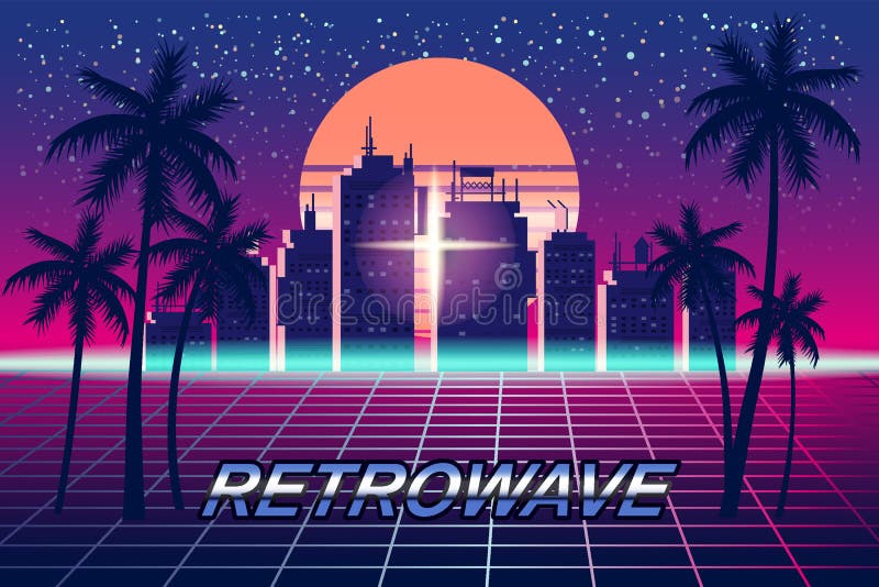 Retrowave Banner Vaporwave Aesthetic Background. Futuristic City Palms ...