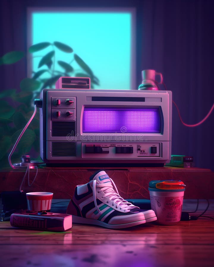 Retrowave Room Scene with Sneakers, Books and Stereo. Stock ...