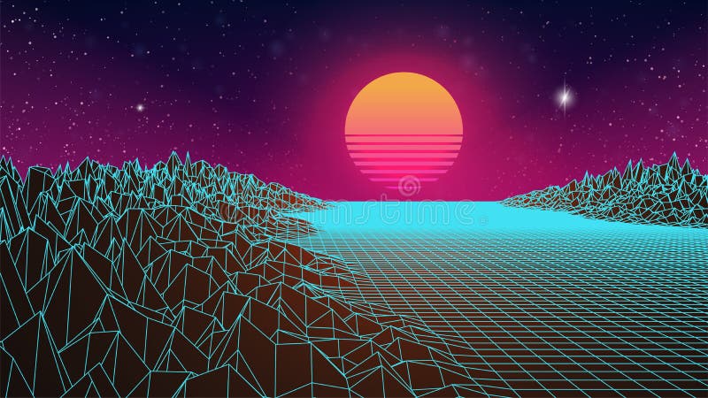 Retrowave Sunset Background. 3d Computer Landscape. Retro Future 80s ...