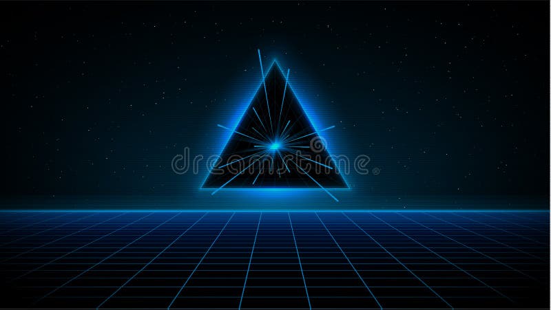 Retrowave synthwave vaporwave blue cyber laser grid with blue glowing triangle portal with speed rays in starry space royalty free illustration Retrowave synthwave vaporwave blue cyber laser grid with blue glowing triangle portal with speed rays in starry space royalty free illustration
