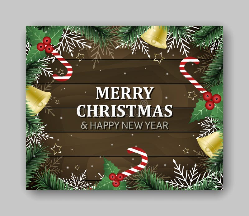 Rettangolo del modello dell'insegna grande con l'iscrizione del buon anno e di Buon Natale Rami verdi, fondo di legno, berrie del illustrazione vettoriale Rettangolo del modello dell'insegna grande con l'iscrizione del buon anno e di Buon Natale Rami verdi, fondo di legno, berrie del illustrazione vettoriale