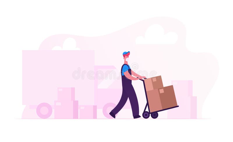 Relocation and Moving into New House. Worker Character in Medical Mask Push Trolley with Cardboard Box Unloading Truck. Delivery Company Loader Service at Covid19 Pandemic. Cartoon Vector Illustration. Relocation and Moving into New House. Worker Character in Medical Mask Push Trolley with Cardboard Box Unloading Truck. Delivery Company Loader Service at Covid19 Pandemic. Cartoon Vector Illustration