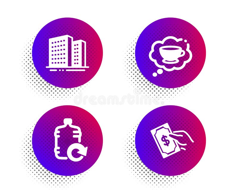 Reumple paharul cu cafea cu apă și pictogramele pentru clădiri. semn bani de plată. sticlă mai rece cred că apartamente oraș cu bu vector illustration