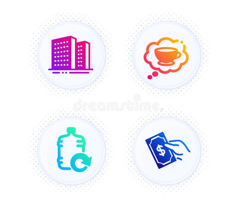Reumple paharul cu cafea cu apă și pictogramele pentru clădiri. semn bani de plată. sticlă mai rece cred că apartamente oraș cu bu vector illustration
