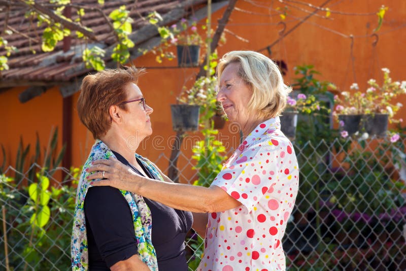 Reunion between two elderly ladies royalty free stock photography Reunion between two elderly ladies royalty free stock photography
