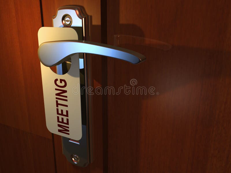 Meeting sign hanging from hotel door handle - 3d render. Meeting sign hanging from hotel door handle - 3d render