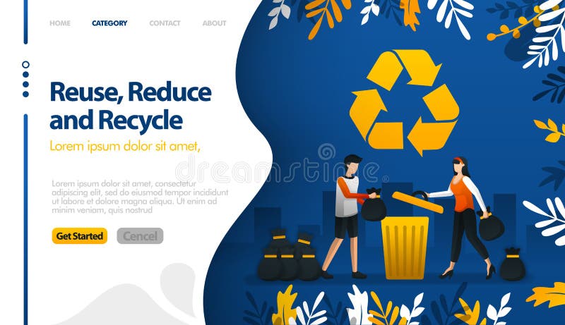 Reuse, Zmniejsza i Przetwarza z ilustracjami kubły na śmieci i miasto śmieciarscy stosy używają dla, ziemia wektorowy ilustracyjn royalty ilustracja Reuse, Zmniejsza i Przetwarza z ilustracjami kubły na śmieci i miasto śmieciarscy stosy używają dla, ziemia wektorowy ilustracyjn royalty ilustracja