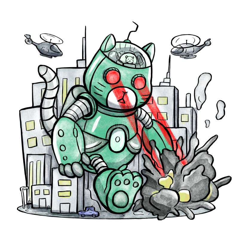 Reuzerobot Cat Destroying The City stock illustratie Reuzerobot Cat Destroying The City stock illustratie