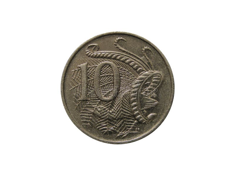 Reverse of Australia coin 10 cents with image of lyrebird, isolated in white background. Close up view.