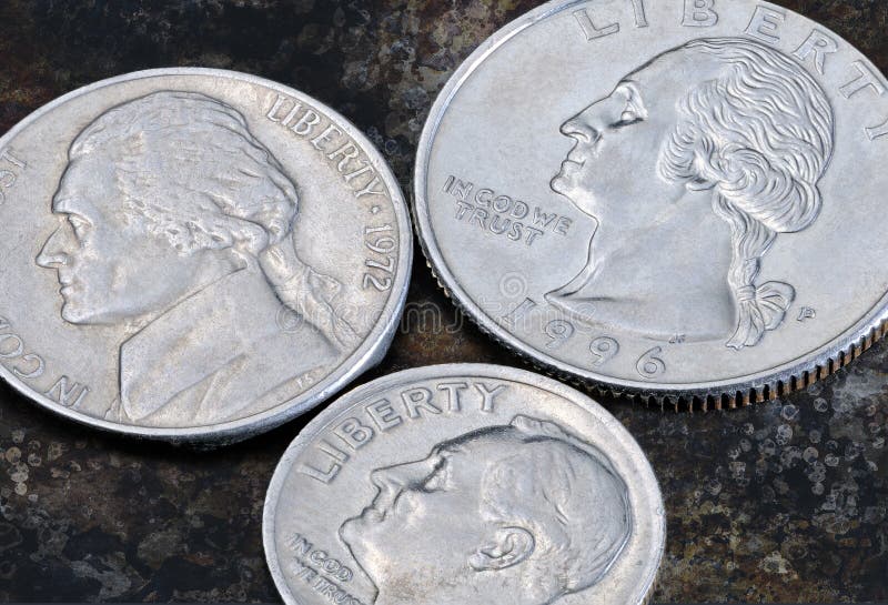 Reverse of the coins 25, 10 and 5 US cents stock photo