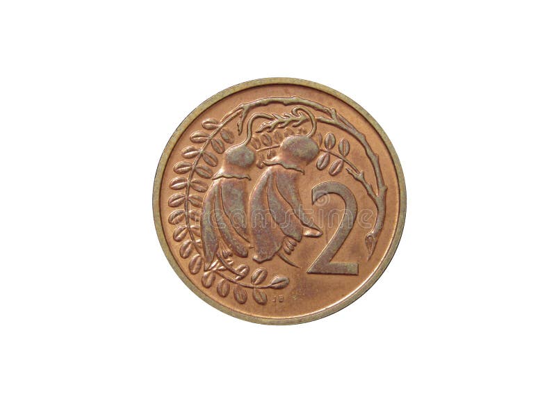 Reverse of New Zealand coin 2 cents minted from 1967 till 1989 isolated on white background.