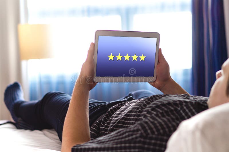 Review and five star rating with mobile application. stock image