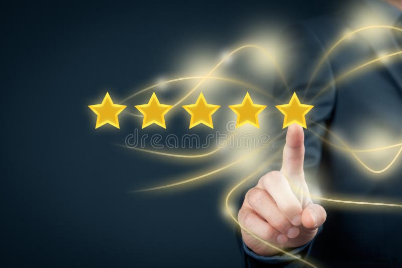 Review, increase rating or ranking, evaluation and classification concept. Businessman click on the fifth yellow star to increase rating of his company. Review, increase rating or ranking, evaluation and classification concept. Businessman click on the fifth yellow star to increase rating of his company.