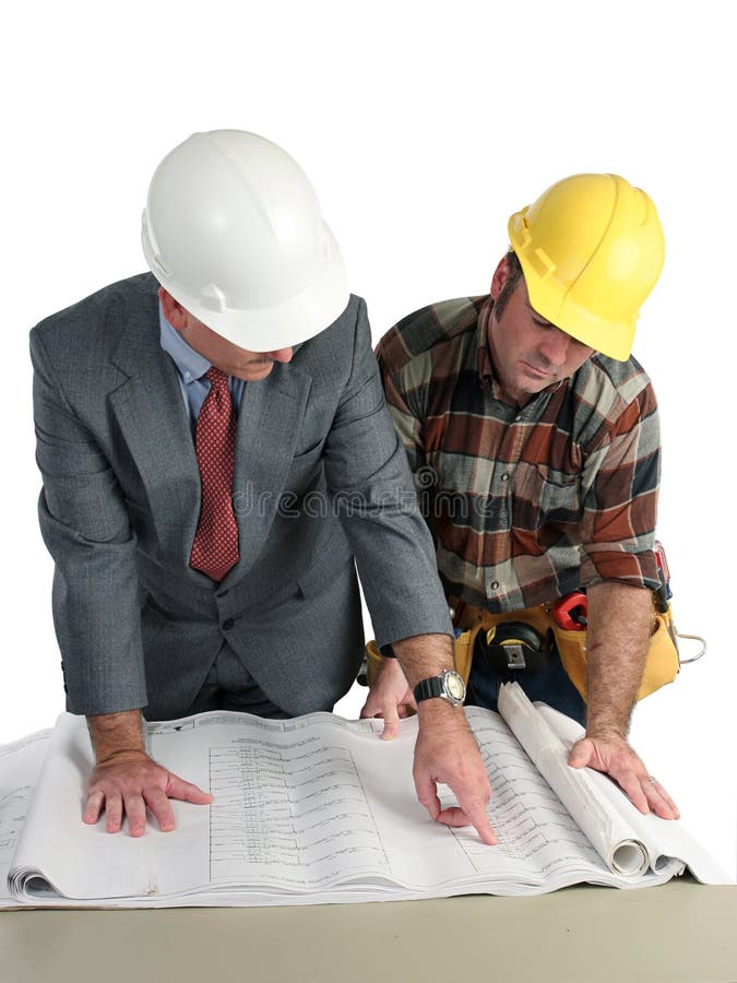 An engineer and a construction foreman reviewing blueprints - isolated. Architect uniform stock images, royalty-free photos and pictures