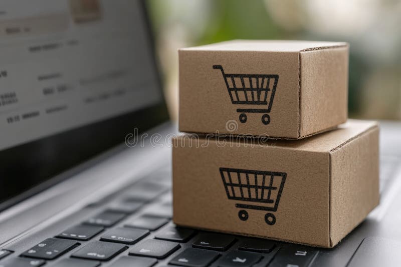Revolución del comercio electrónico : mercado en línea compra digital transacciones móviles portátil compra carrete virtual imagen de archivo libre de regalías