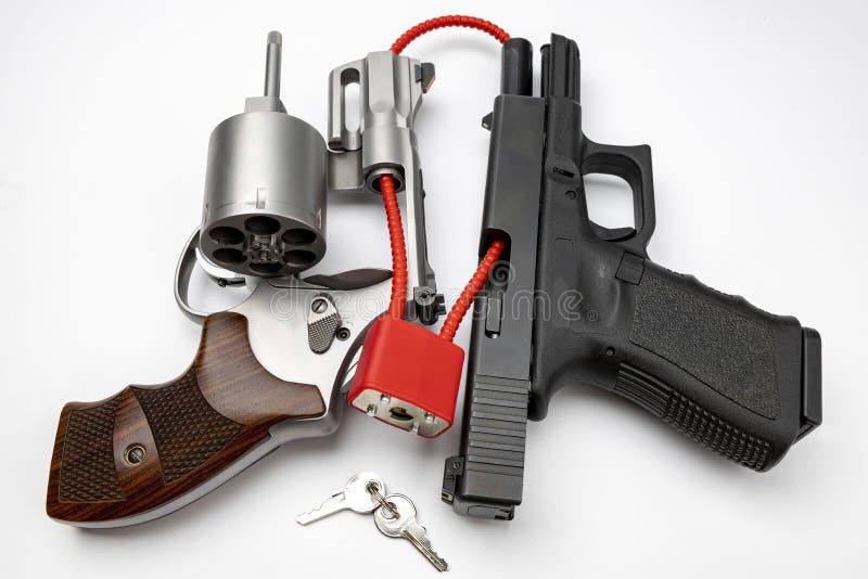 Revolver and Automatic Gun with Cable Lock , Locked Disarmed and