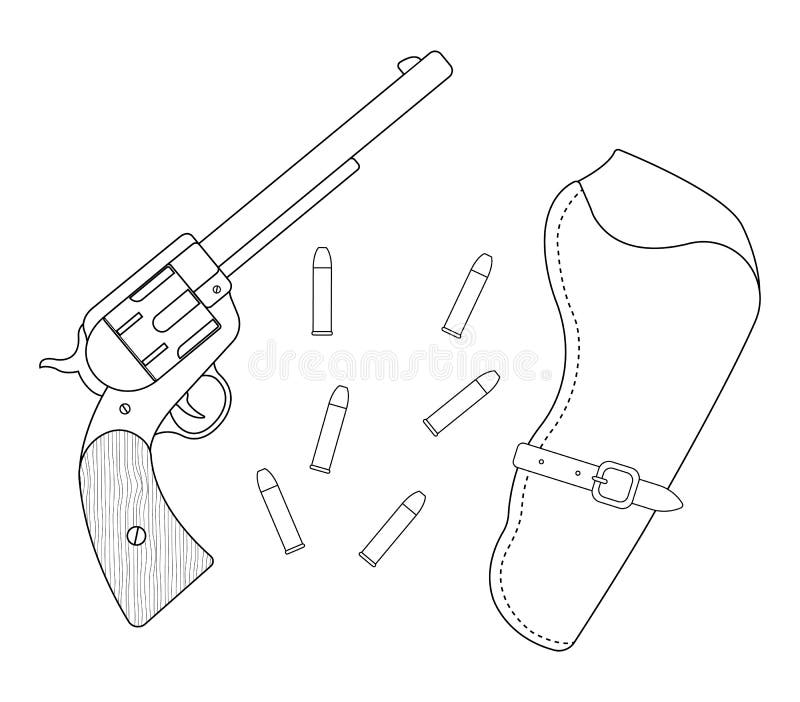 Revolver, Leather Holster, Bullets. Contour Stock Vector - Illustration ...