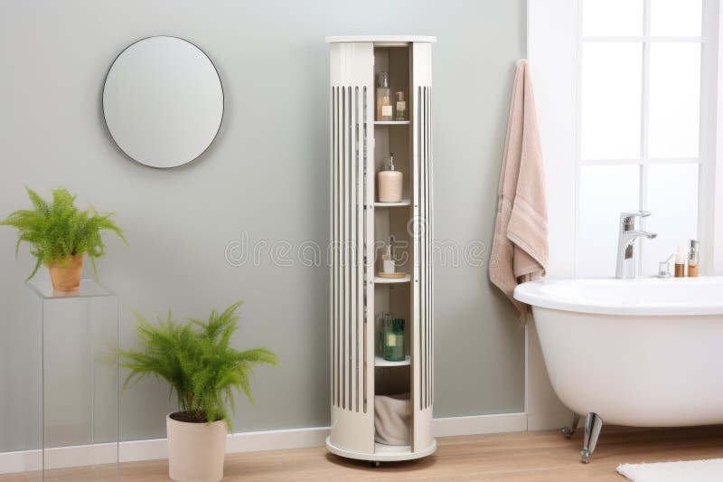 A Revolving Mirrored Vertical Bathroom Storage Stock Image