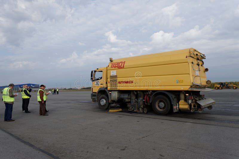 St. Petersburg, Russia - September 24, 2015: Airport sweeper TSA01 of Autobren during the annual review of equipment in the Pulkovo airport. The review is held in order to prepare to winter. St. Petersburg, Russia - September 24, 2015: Airport sweeper TSA01 of Autobren during the annual review of equipment in the Pulkovo airport. The review is held in order to prepare to winter