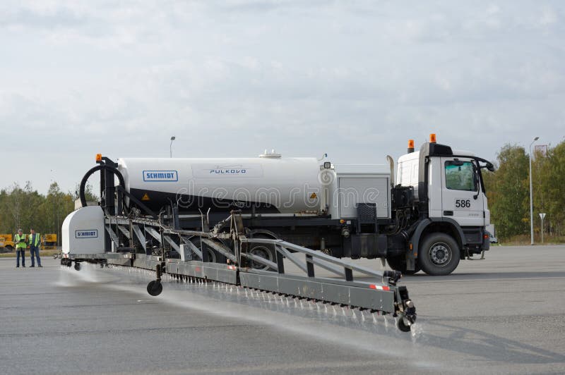 St. Petersburg, Russia - September 24, 2015: Schmidt airport sprayer during the annual review of equipment in the Pulkovo airport. The review is held in order to prepare to winter. St. Petersburg, Russia - September 24, 2015: Schmidt airport sprayer during the annual review of equipment in the Pulkovo airport. The review is held in order to prepare to winter