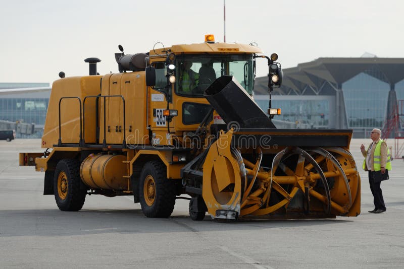 St. Petersburg, Russia - September 24, 2015: Oshkosh H-series snow blower during the annual review of equipment in the Pulkovo airport. The review is held in order to prepare to winter. St. Petersburg, Russia - September 24, 2015: Oshkosh H-series snow blower during the annual review of equipment in the Pulkovo airport. The review is held in order to prepare to winter