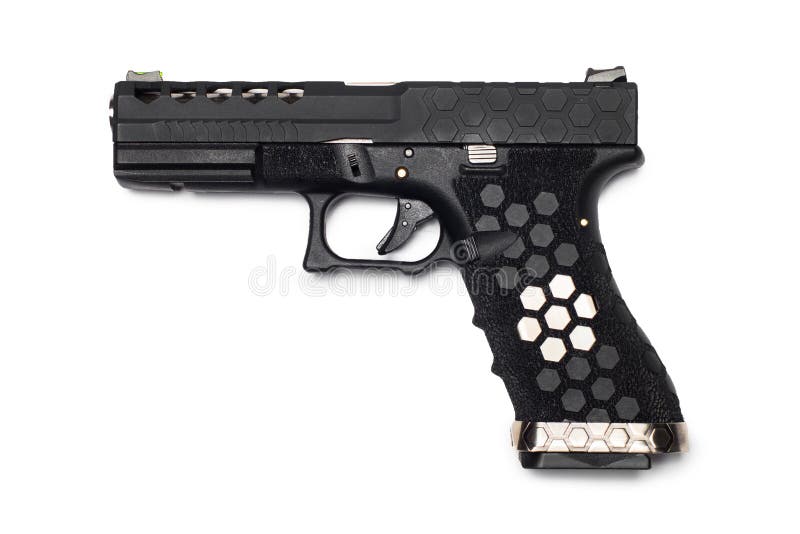 Revólver 9x19 semi automático isolado no fundo branco, costume fotos de stock Revólver 9x19 semi automático isolado no fundo branco, costume fotos de stock