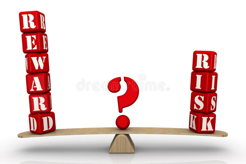 The words REWARD and RISK, made of red cubes, are weighed in the balance with red question mark. Concept of choice. Isolated. 3D Illustration. Risk reward balance illustration illustrations