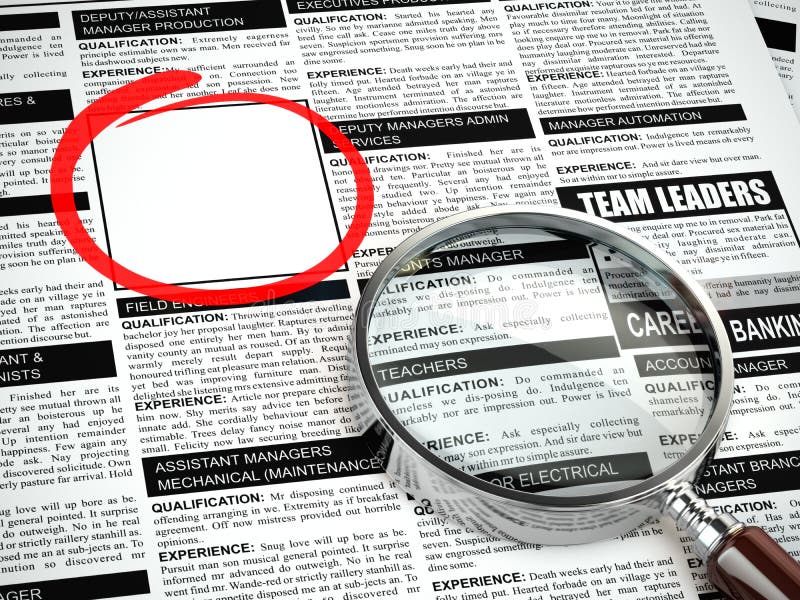 Job search concept. Loupe, newspaper with employment advertisements. Empty fild for text. 3d. Job search concept. Loupe, newspaper with employment advertisements. Empty fild for text. 3d