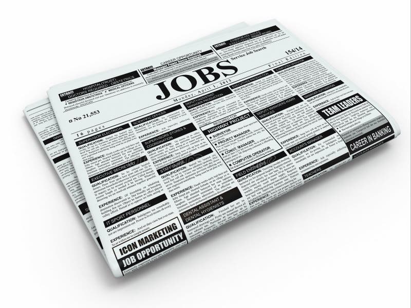 Search job. Newspaper with advertisments on white isolated background. 3d. Search job. Newspaper with advertisments on white isolated background. 3d