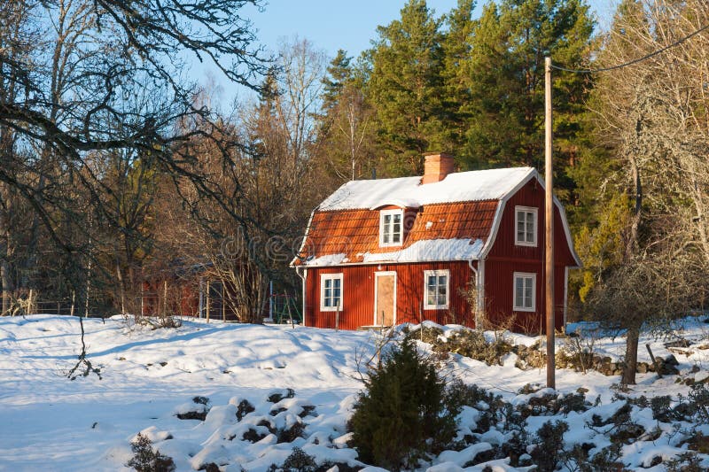 Rewolucjonistka malował Szwedzkiego drewnianego dom w mroźnym krajobrazie