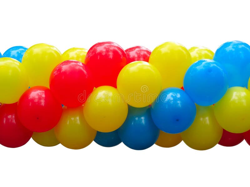 Red, blue and yellow celebration balloons in stack isolated on white. Red, blue and yellow celebration balloons in stack isolated on white