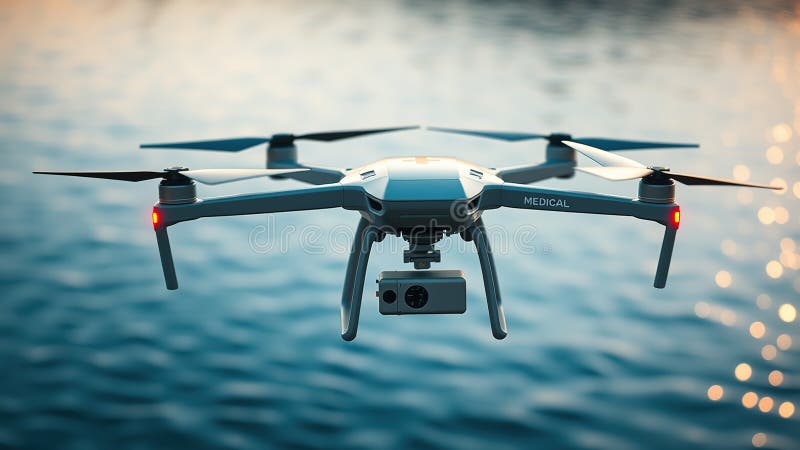 Rewolucyjny system dostarczania dronów medycznych do zdalnej opieki zdrowotnej i reagowania kryzysowego nad wodą w przyszłości szy ilustracji