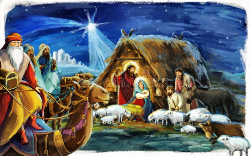 Reyes religiosos del ejemplo tres - y familia santa - tradición ilustración del vector Reyes religiosos del ejemplo tres - y familia santa - tradición ilustración del vector