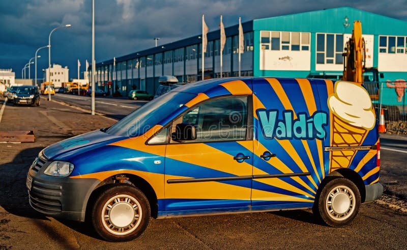 Reykjavik, Iceland - October 14, 2017: car on parking. Ice cream delivery car. Transport and transportation. Food royalty free stock photo Reykjavik, Iceland - October 14, 2017: car on parking. Ice cream delivery car. Transport and transportation. Food royalty free stock photo