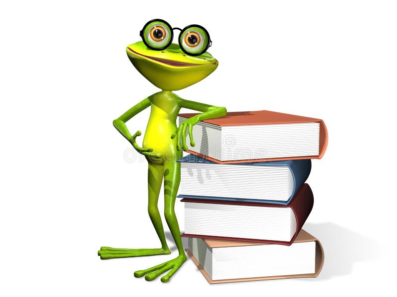 Illustration curious frog in glasses with a books. Illustration curious frog in glasses with a books