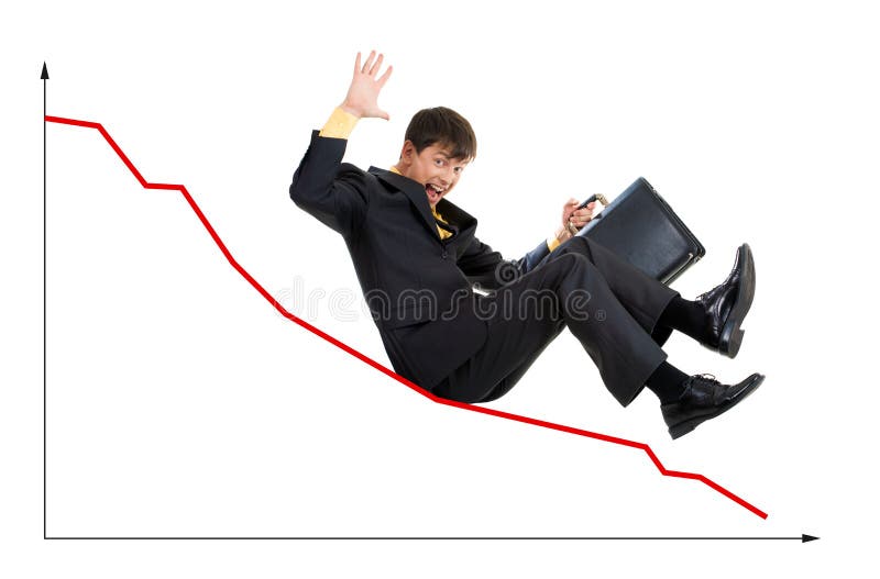 Creative photo of troubled businessman sliding down upon graph. Creative photo of troubled businessman sliding down upon graph