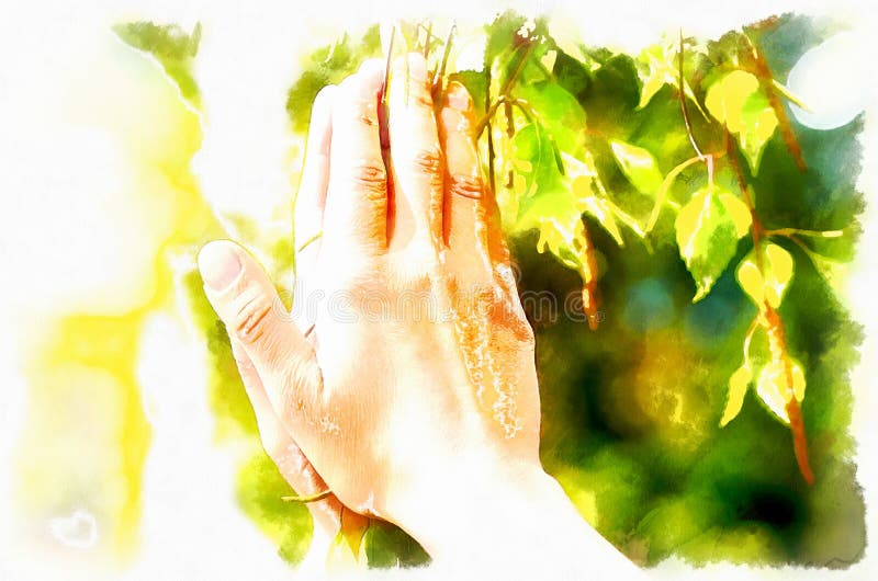 Rezo de la primavera, adorando los poderes curativos de la primavera, árbol en manos efecto de la pintura del ordenador stock de ilustración Rezo de la primavera, adorando los poderes curativos de la primavera, árbol en manos efecto de la pintura del ordenador stock de ilustración