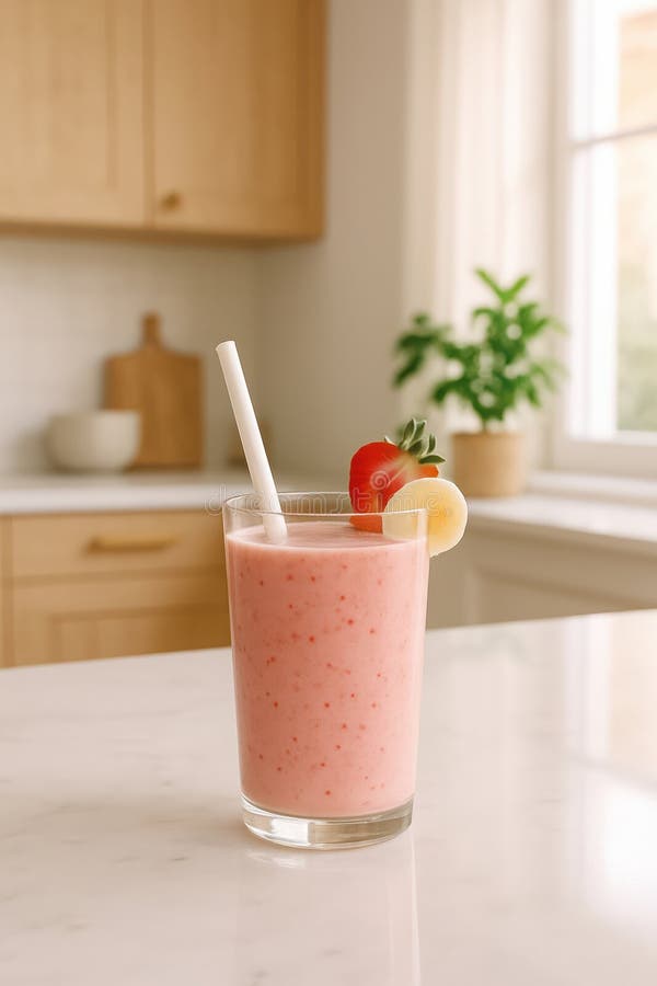 Reîmprospătarea smoothie de banane de căpșuni într-un cadru de bucătărie luminat de soare royalty free stock photos