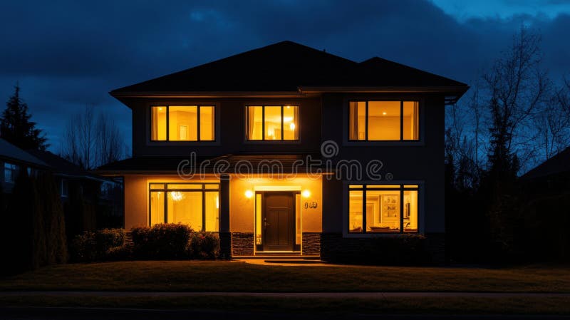 Reședința contemporană stă în liniște pe timp de noapte, luminând din ferestre și iluminând sistemul de alarmă stock photo