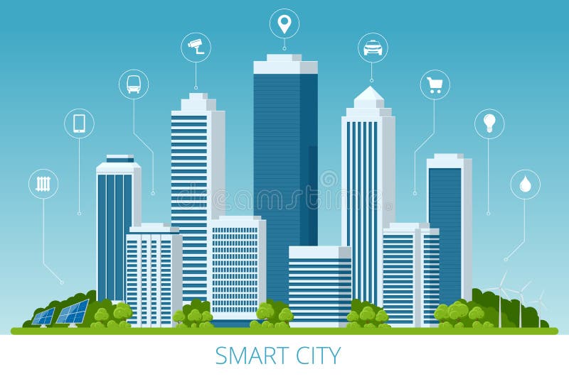 Rețea de orașe și comunicații inteligente cu vector plat. computer de călătorie prin internet și tipuri de vector illustration
