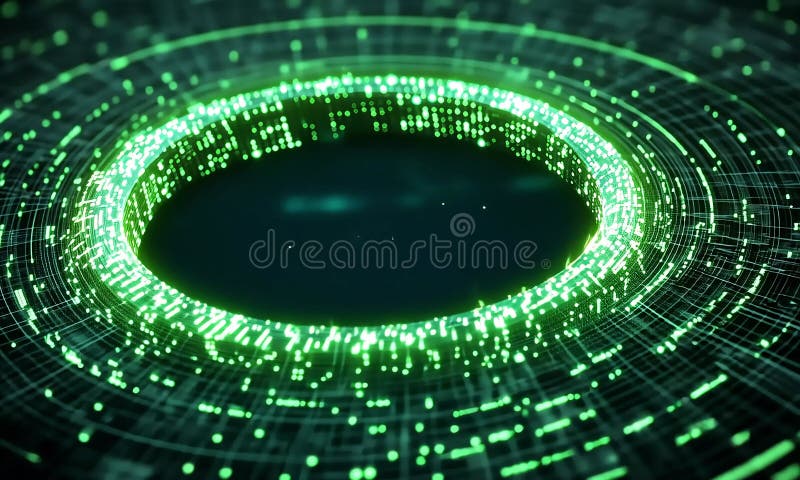 Rețea digitală circulară abstractă cu particule verzi strălucitoare. Liniile și punctele complexe interconectate creează un viitor royalty free illustration
