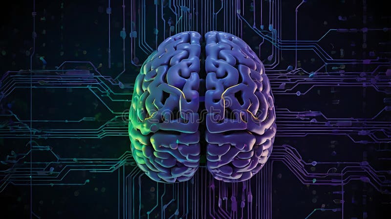 Rețea digitală de creier : strălucirea căilor neuronale și a fluxurilor de date stock images