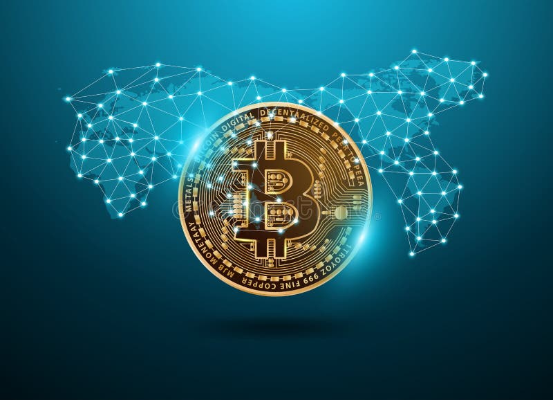 Rețea digitală futuristă de monedă digitală bitcoin cu hartă mondială stock illustration