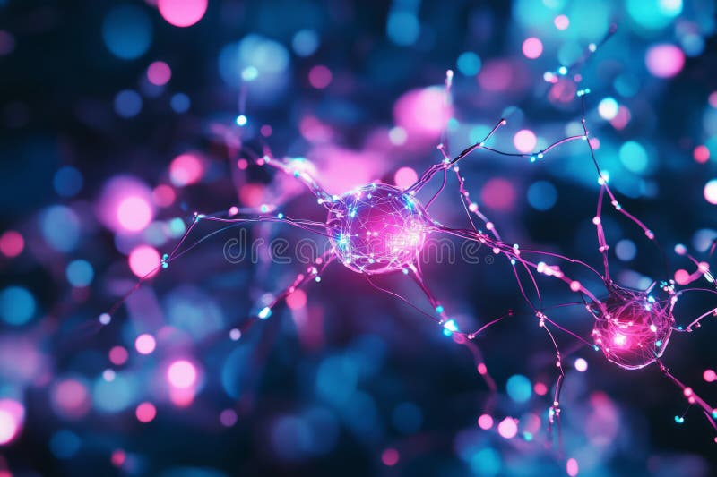 Rețea neuronală AI abstractă care face conexiunile de date flotante conexiuni dinamice cu impulsuri electrice cyberpunk stock photography