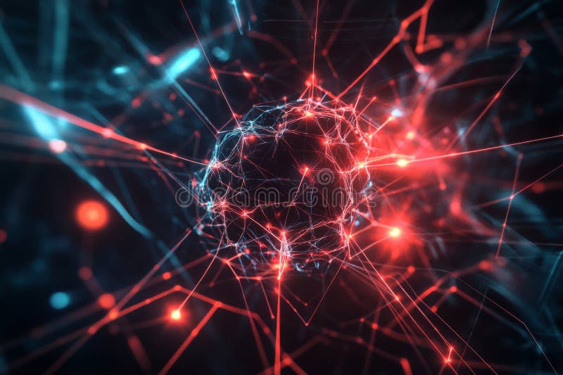 Rețea neuronală AI abstractă care face conexiunile de date flotante conexiuni dinamice cu impulsuri electrice cyberpunk stock image