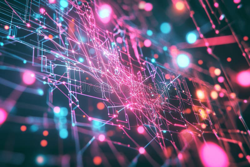 Rețea neuronală AI abstractă care face conexiunile de date flotante conexiuni dinamice cu impulsuri electrice cyberpunk stock image
