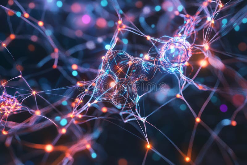 Rețea neuronală AI abstractă care face conexiunile de date flotante conexiuni dinamice cu impulsuri electrice cyberpunk stock photos
