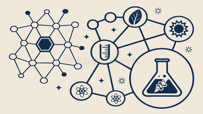 Rețea științifică cu pictograme de laborator reprezentând proiectarea vectorilor de cercetare și de studiu științific Generativ AI royalty free illustration